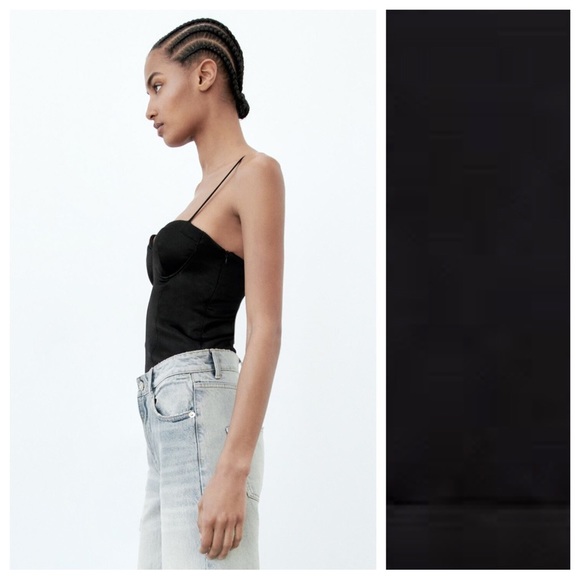 NWT. Zara Black Satin Effect Bustier Bodysuit. Size S. - Picture 2 of 11
